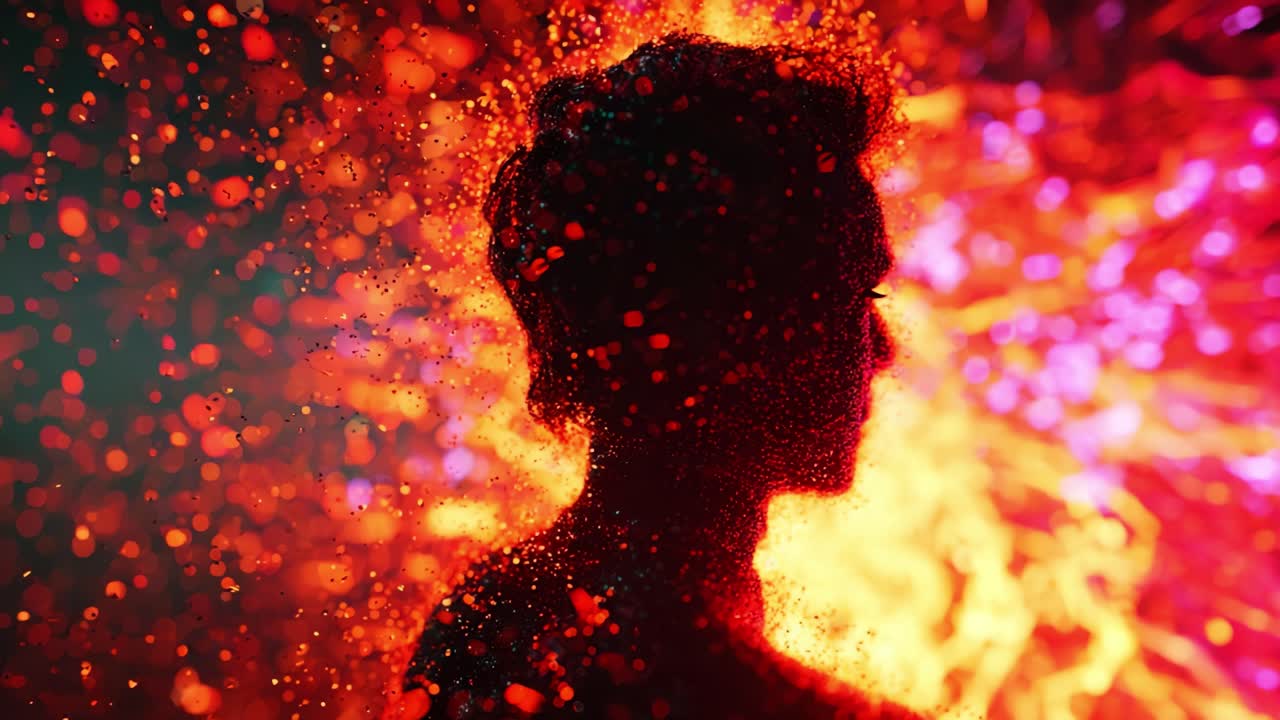 A Stunning Visual Representation of Human Silhouette Emanating Radiance Through a Dynamic Coruscation of Colorful Particles and Light Effects in an Abstract Background