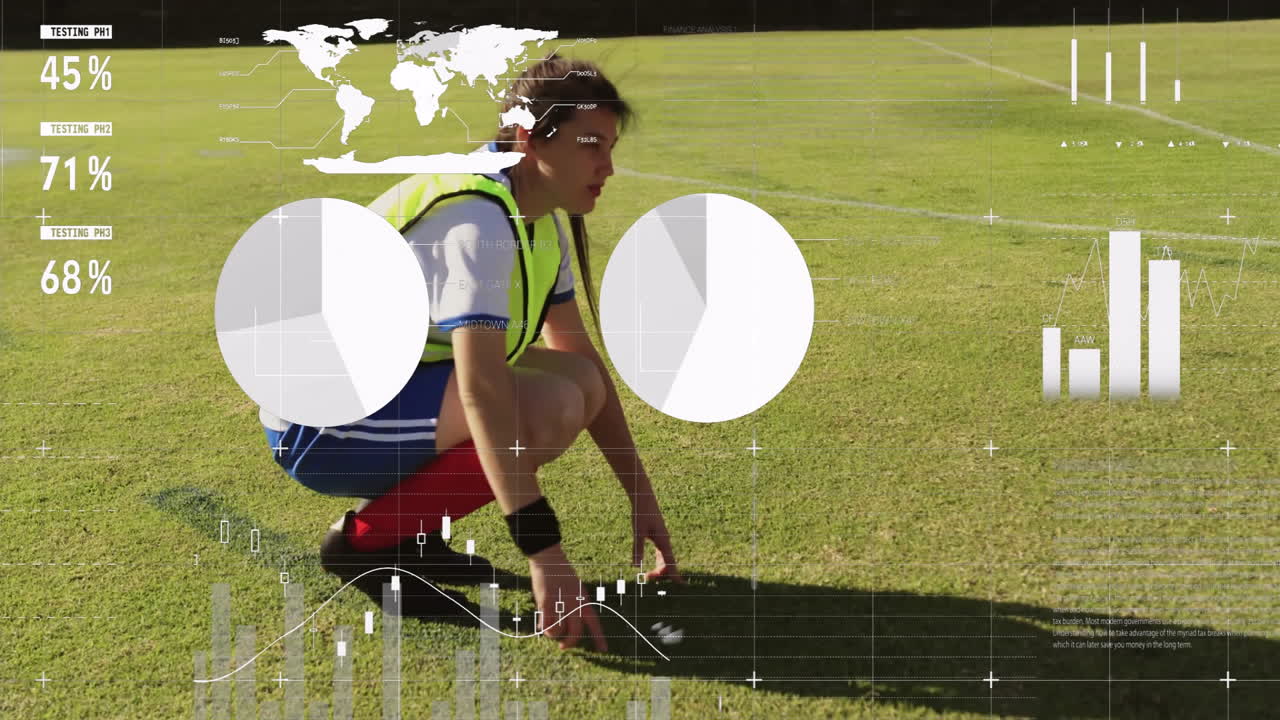 Soccer player squatting on field with data analytics overlay animation