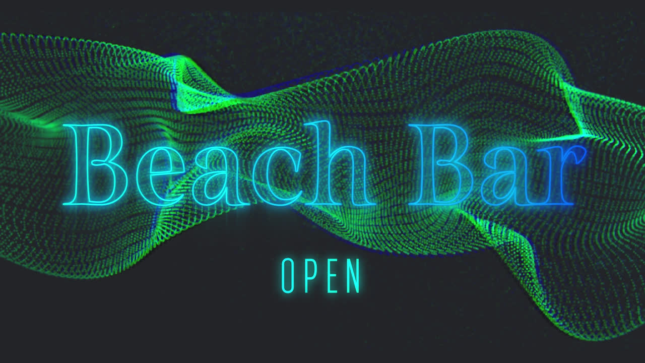 Animation of green waves and beach bar open on black background