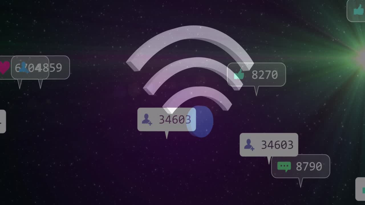 animación de iconos de redes sociales y números sobre el icono wifi en segundo plano