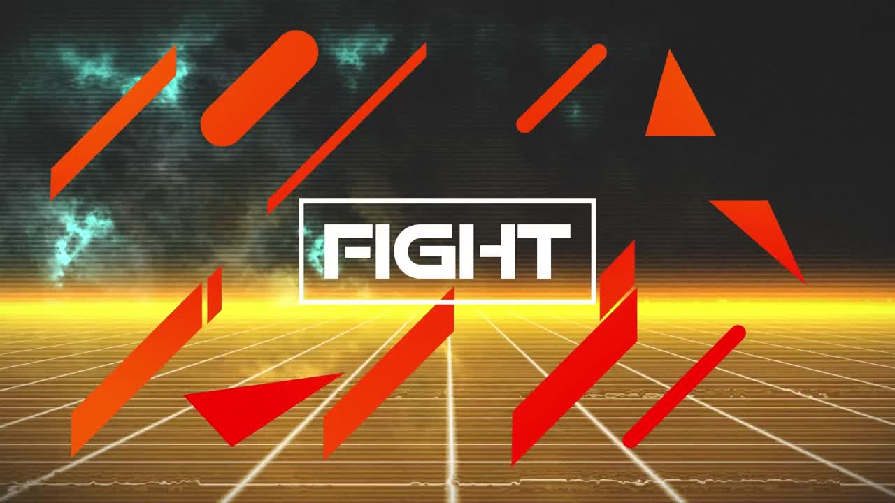 노란색과 검은색 디지털 공간에서 싸움과 오렌지색 모양의 애니메이션.