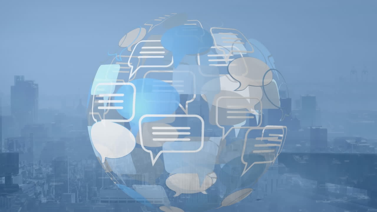 Animation of globe of message icons and speech bubbles spinning against aerial view of cityscape