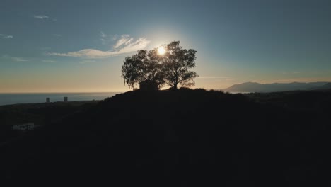 Luftaufnahme-Des-Baumes-Auf-Dem-Hügel-Während-Des-Sonnenuntergangs,-Der-Sich-Vorwärts-Bewegt