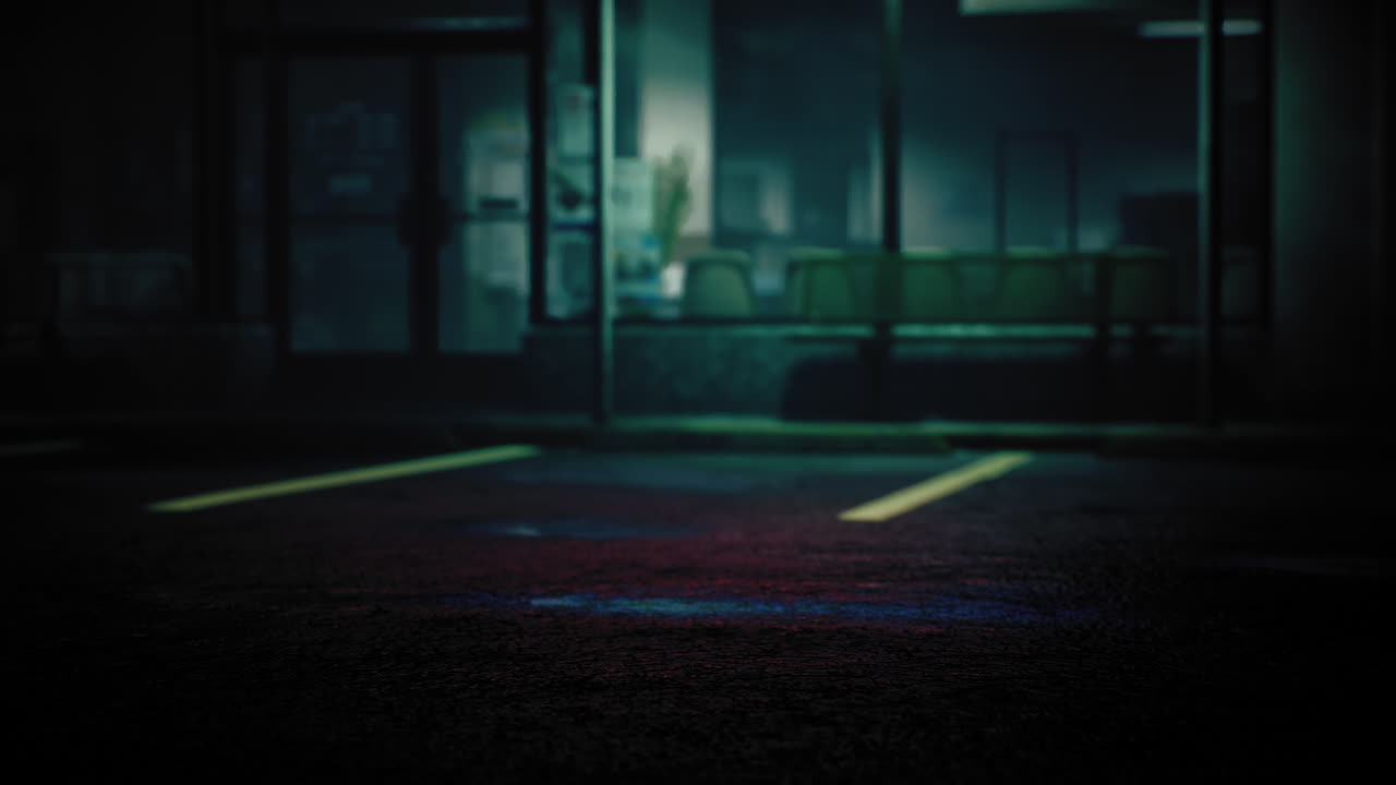 Parcheggio vuoto davanti a un negozio chiuso di notte