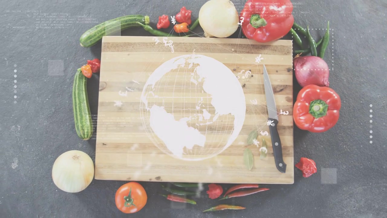 Camera tilting, globe HUD appearing over cutting board globe rotating, revealing vegetables, knife