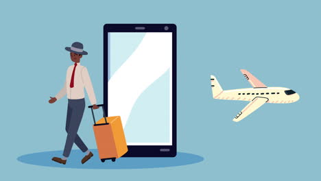 afro traveler with suitcase and airplane in smartphone