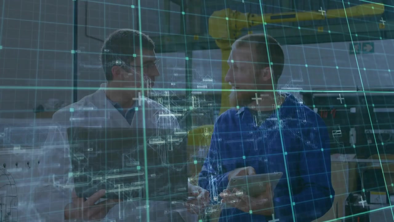 Vertical video: Engineer pointing tablet, tech handling part for testing in lab, grid guiding check