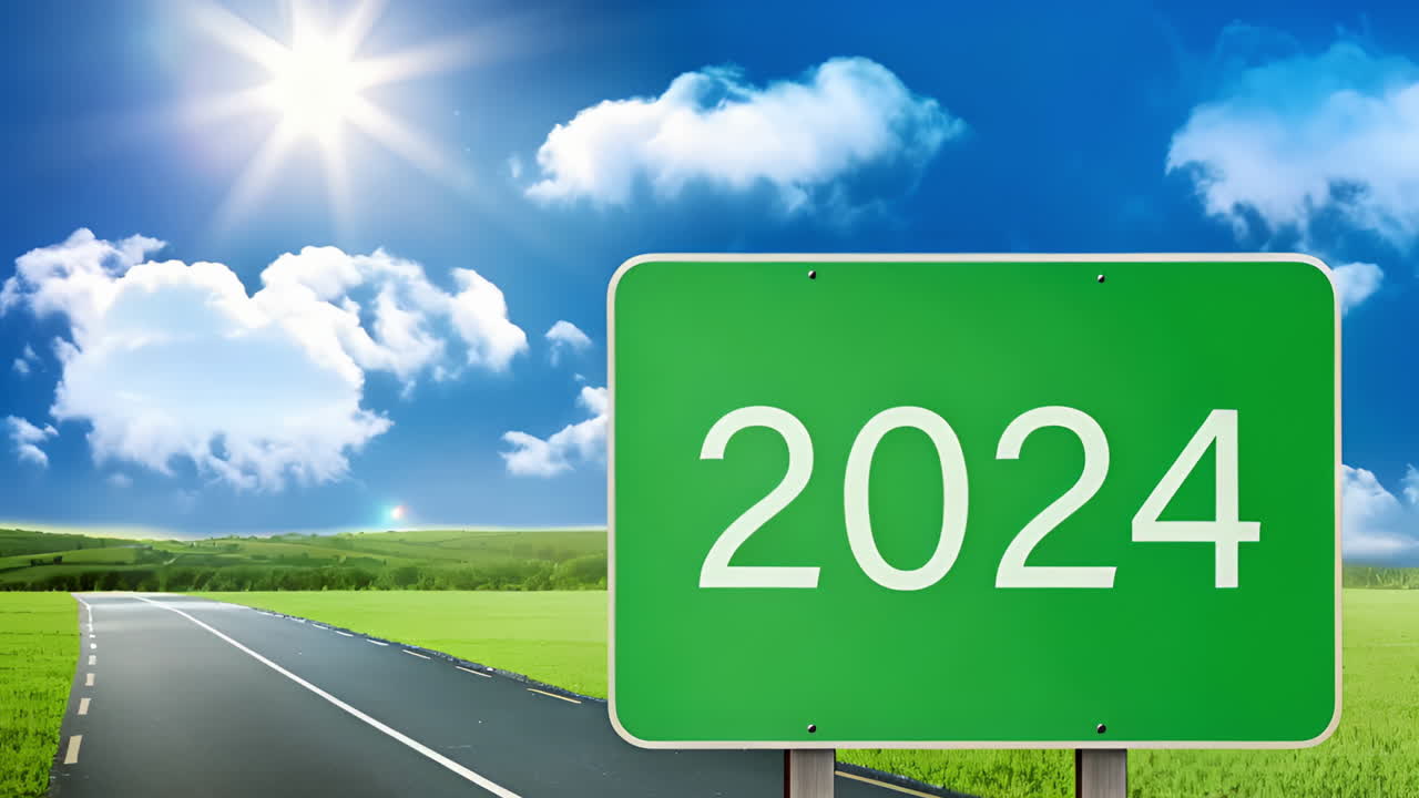 Cinemagraph of 2024 text on green road sign with sun and white clouds in blue sky