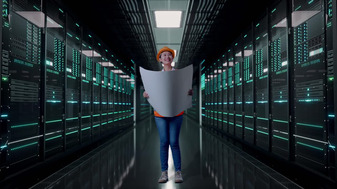 Ingegnere donna asiatica a figura intera con casco di sicurezza che guarda una planimetria nelle sue mani e si guarda intorno, mentre è in piedi in una sala server di un data center.