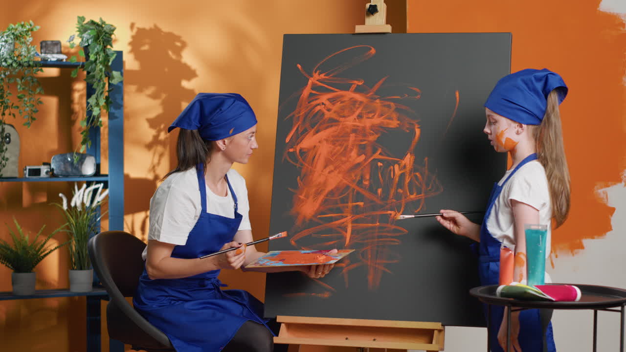 Mother and Daughter Painting Together in Studio