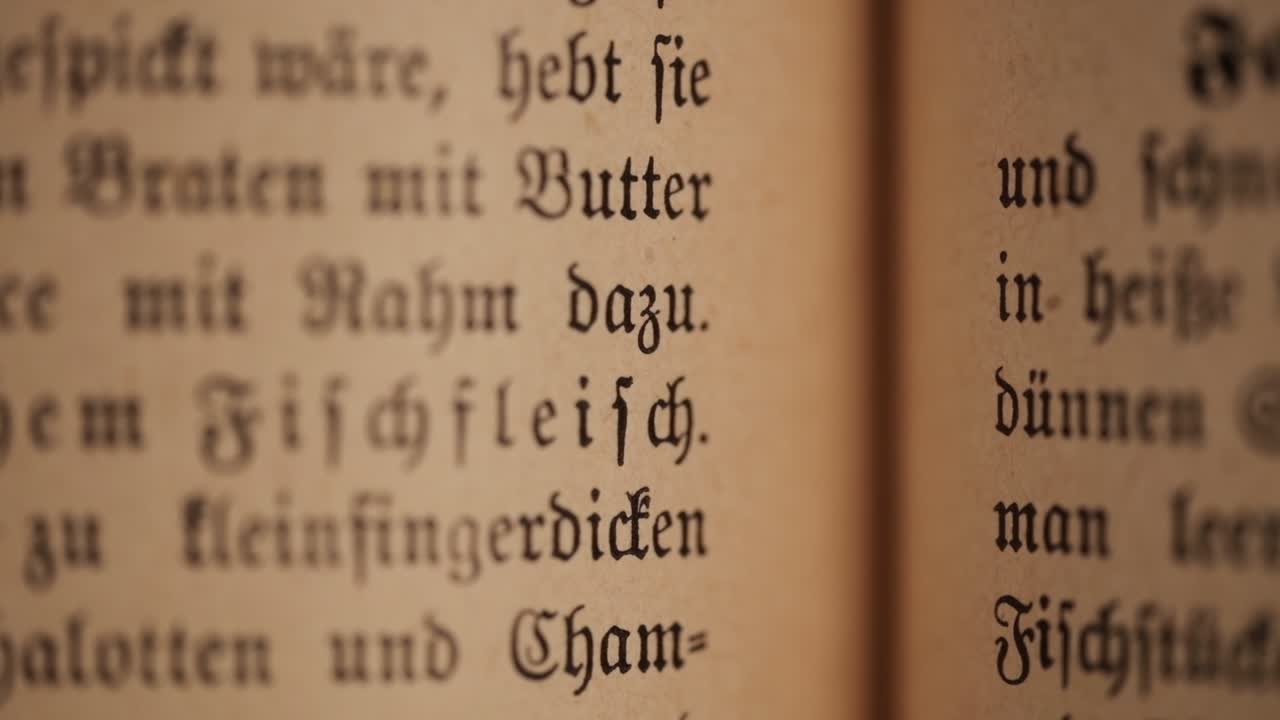 구식 독일 요리책과 음식 설명을 통해 더 가깝고 초점이 흐려진 모습