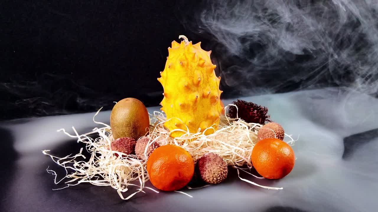 키와노, 람부탄, 키위, 오렌지, 리치 열매의 예술적 전시, 천연 에 은 천연 연기, 어두운 배경, 음식 또는 요리 예술 개념에 이상적입니다. 근접 및 느린 동작