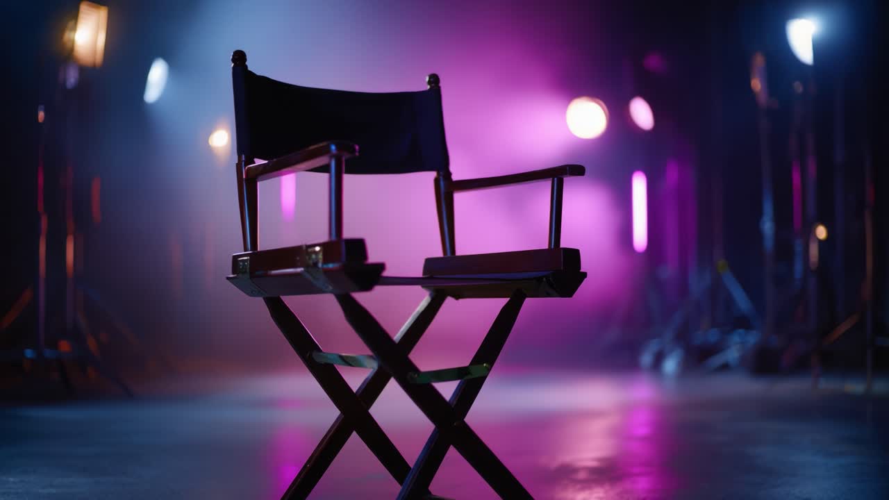A Director's Chair Set Against a Colorful Backdrop of Stage Lights and Fog, Capturing the Essence of Filmmaking and Artistic Expression in a Cinematic Environment