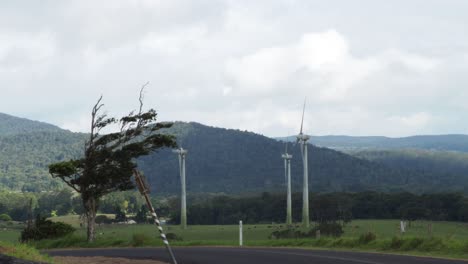 Campo-De-Aerogeneradores-Con-Bosque-De-Colinas-Y-Carretera-En-Queensland,-Tiro-Estático