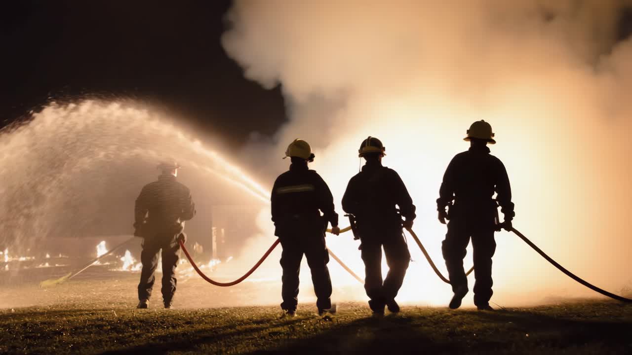 Firefighters extinguishing a fire at night