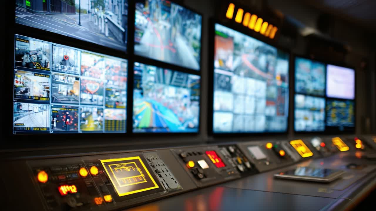 A high-tech surveillance control room featuring multiple screens displaying various camera feeds, showcasing advanced monitoring capabilities for security and observation