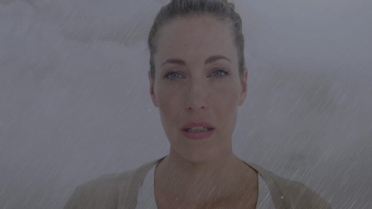 Animation of sick caucasian woman sneezing and using tissue with lightning striking