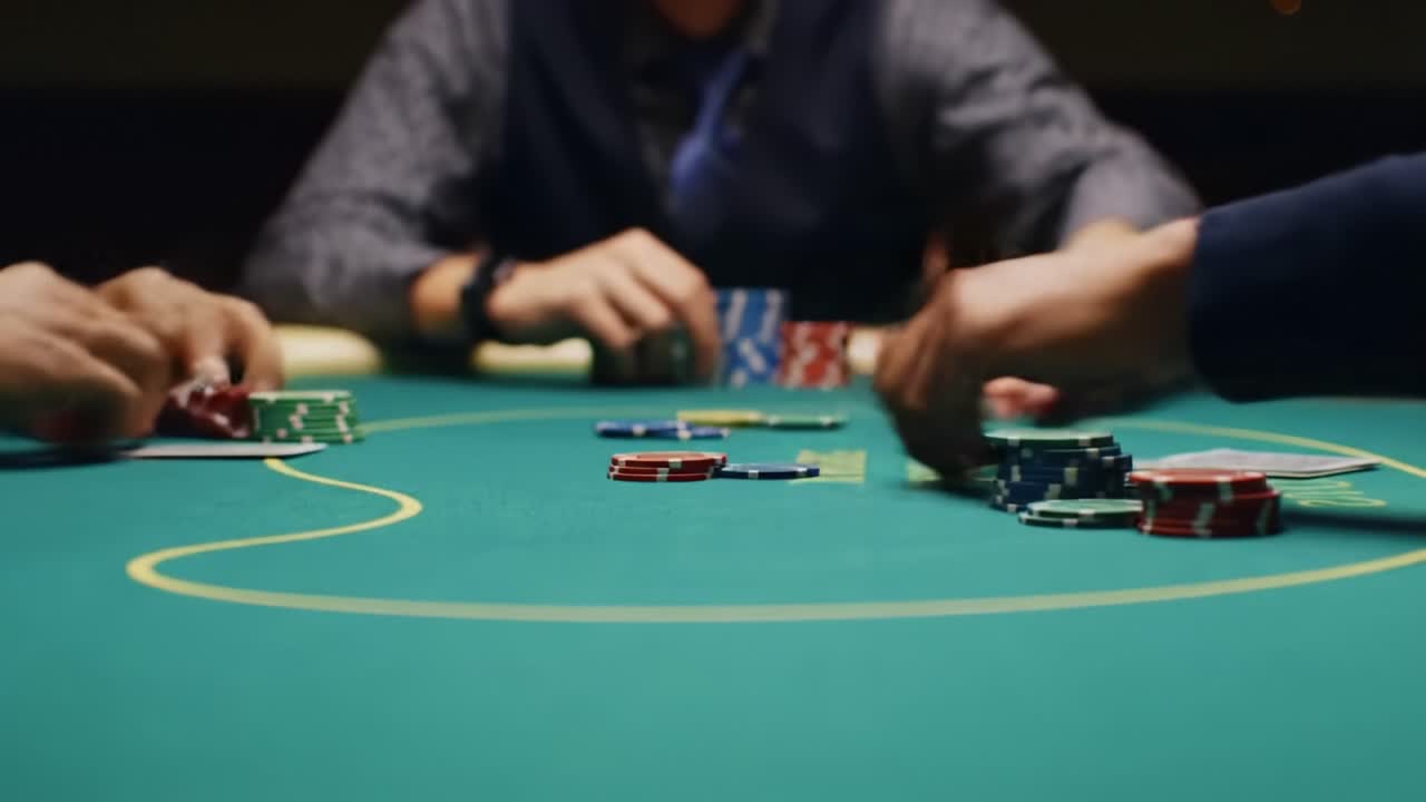 Intense Poker Showdown: Players Strategically Engage in a High-Stakes Game at a Green Felt Casino Table, Surrounded by Colorful Chips and Cards