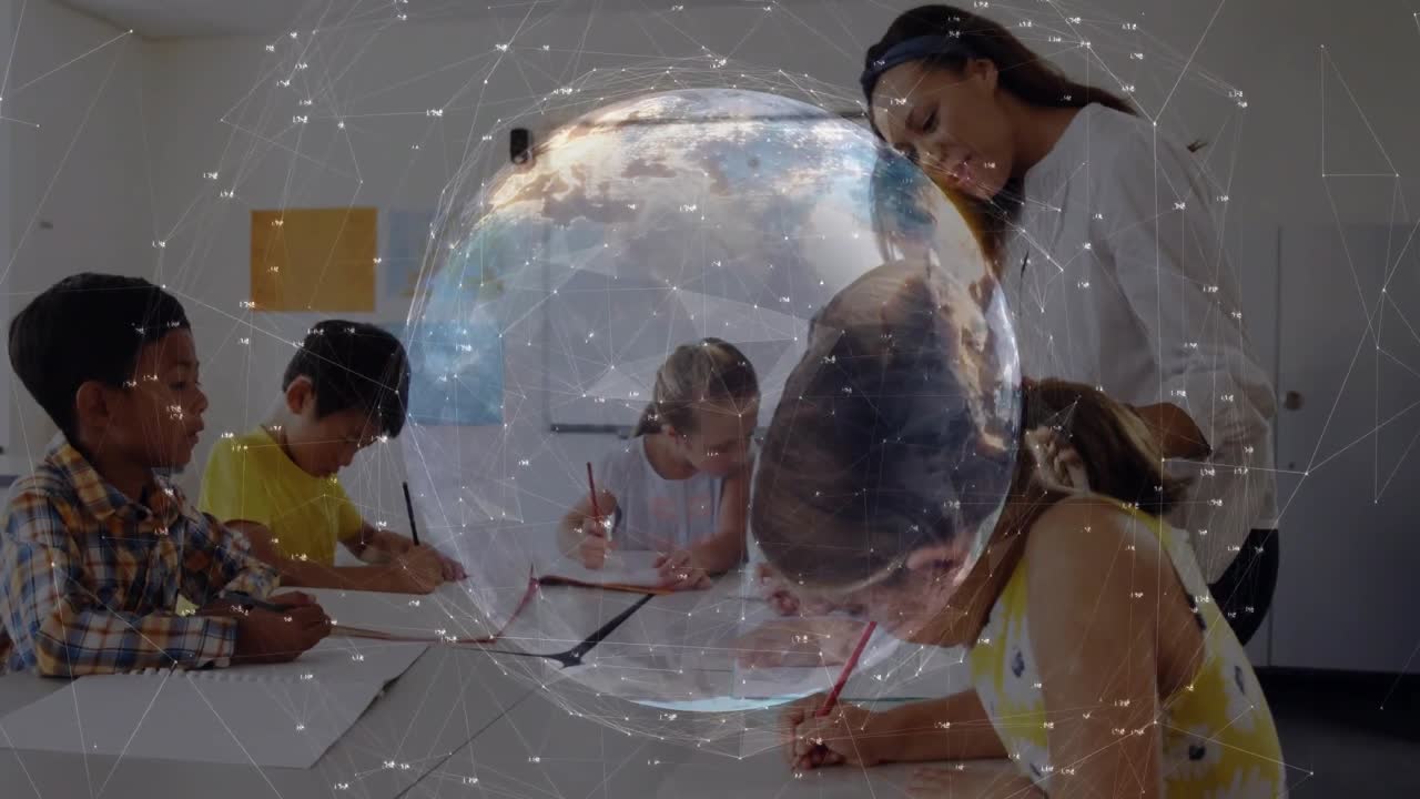 Teacher leaning and pointing, guiding students drawing while globe overlay growing in classroom