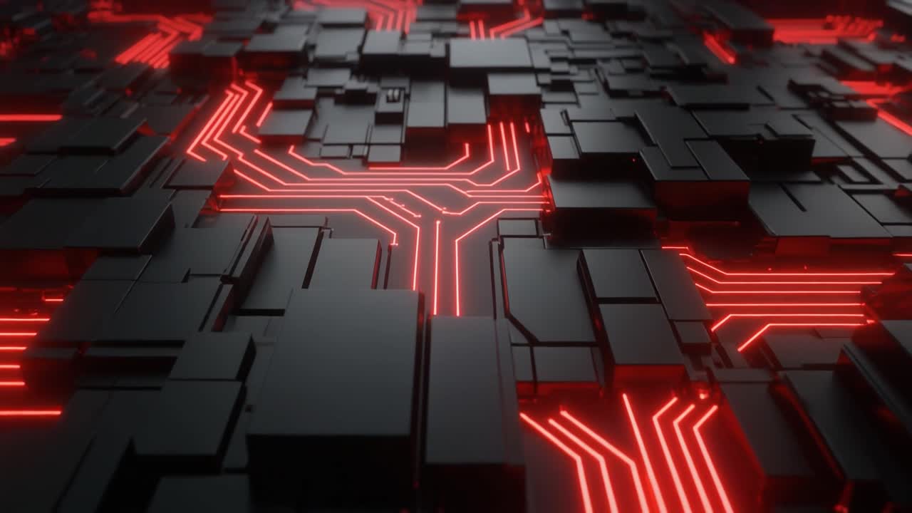 Circuito stampato astratto e futuristico con linee di dati rosse luminose