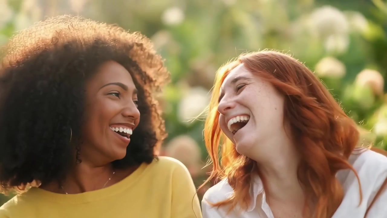 Two Happy Women Laughing Together Outdoors