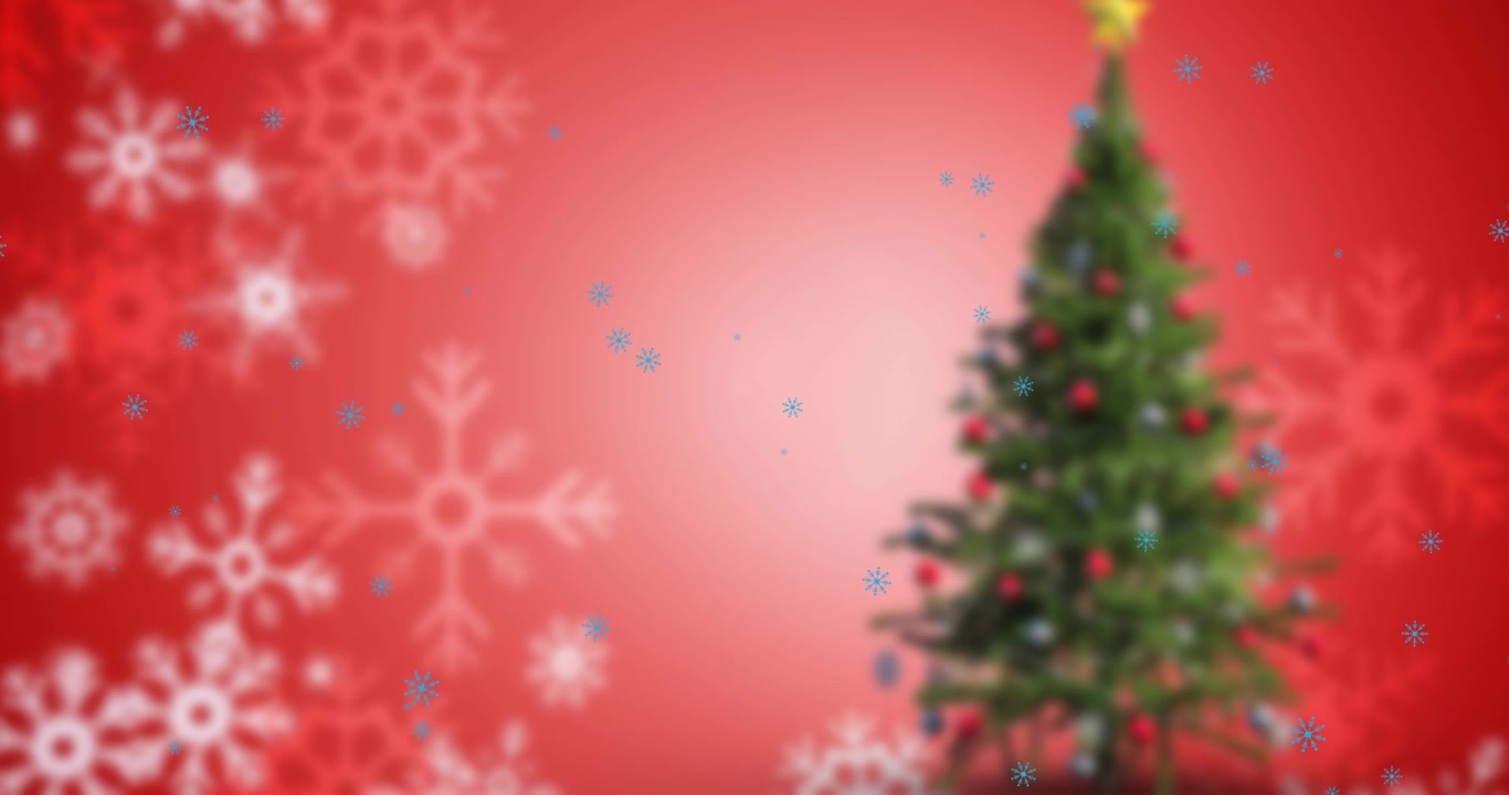 Animação de neve caindo sobre árvore de Natal em fundo vermelho