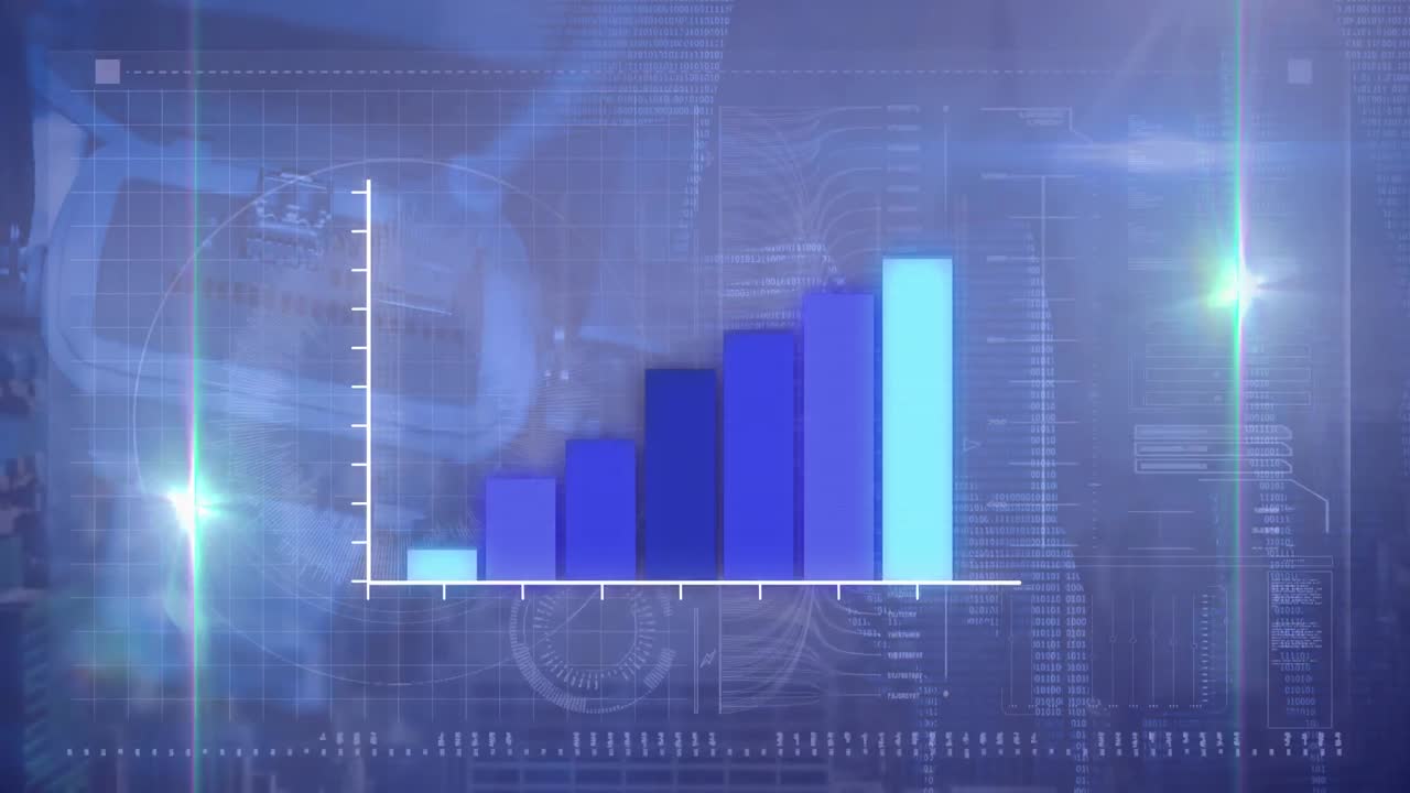 Statistical data processing against digital interface with data processing on blue background