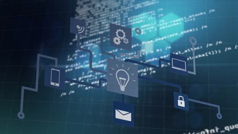 Animation-of-network-of-connections-with-icons,-computer-data-processing