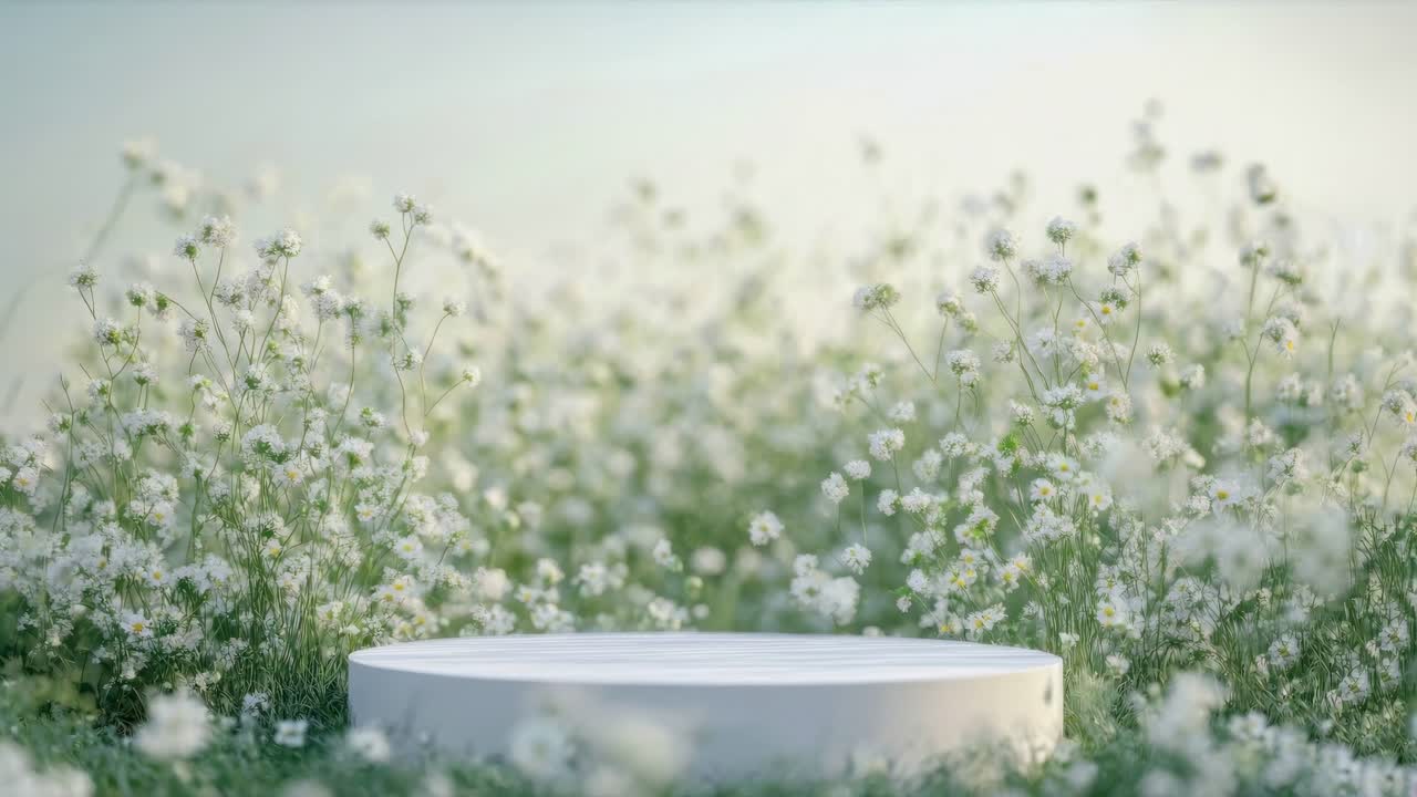 A serene video showcasing a white pedestal amidst a field of delicate white flowers