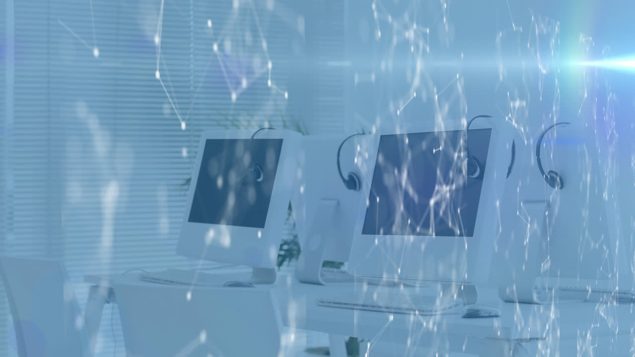 파란색 배경에 빈 사무실에서 컴퓨터를 통해 연결된 네트워크의 애니메이션