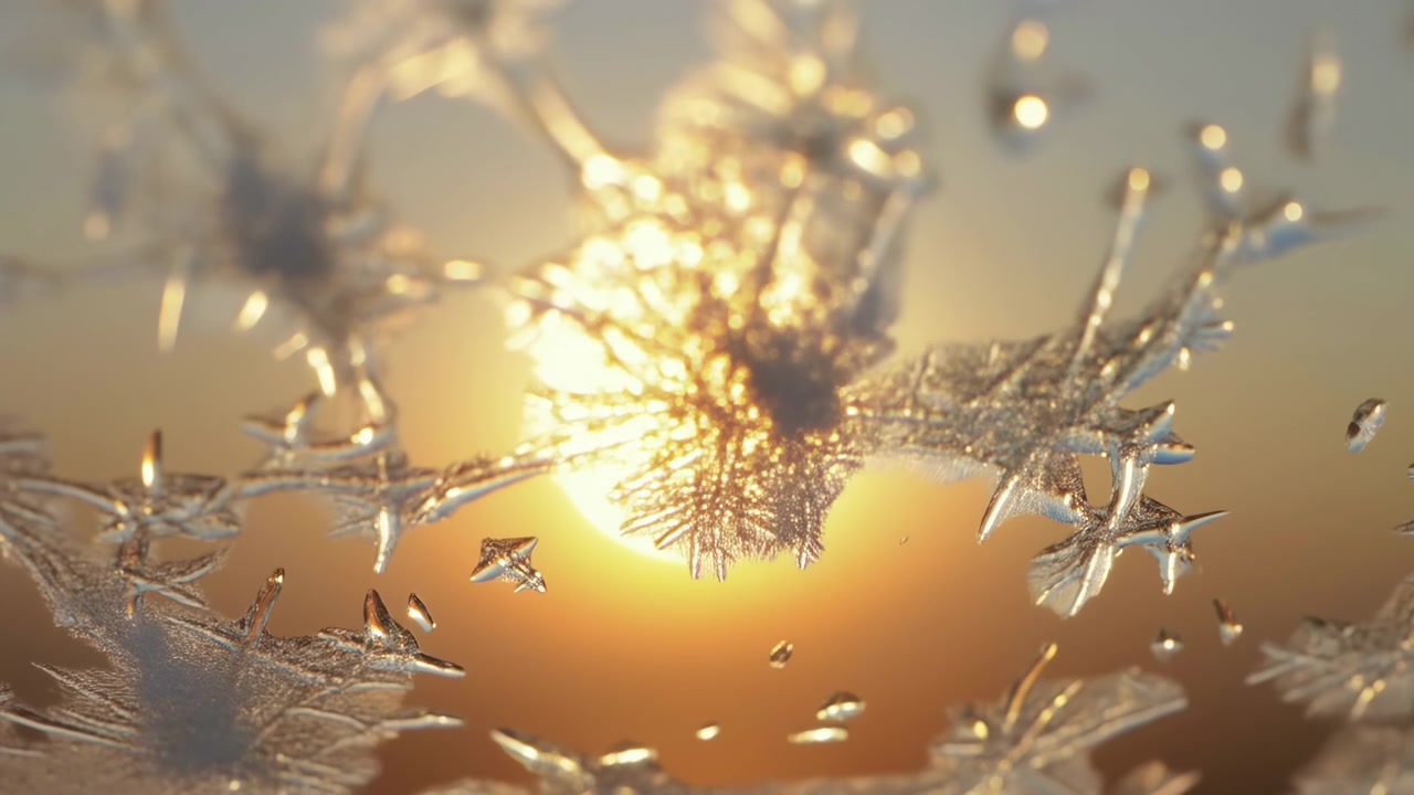 Transparente flüssige Fragmente und winzige Tröpfchen schweben vor intensivem, warmem kreisförmigem Licht, das einer tiefstehenden Sonne ähnelt, randbeleuchtet, um durchscheinende Innenräume und helle Glanzlichter zu enthüllen.