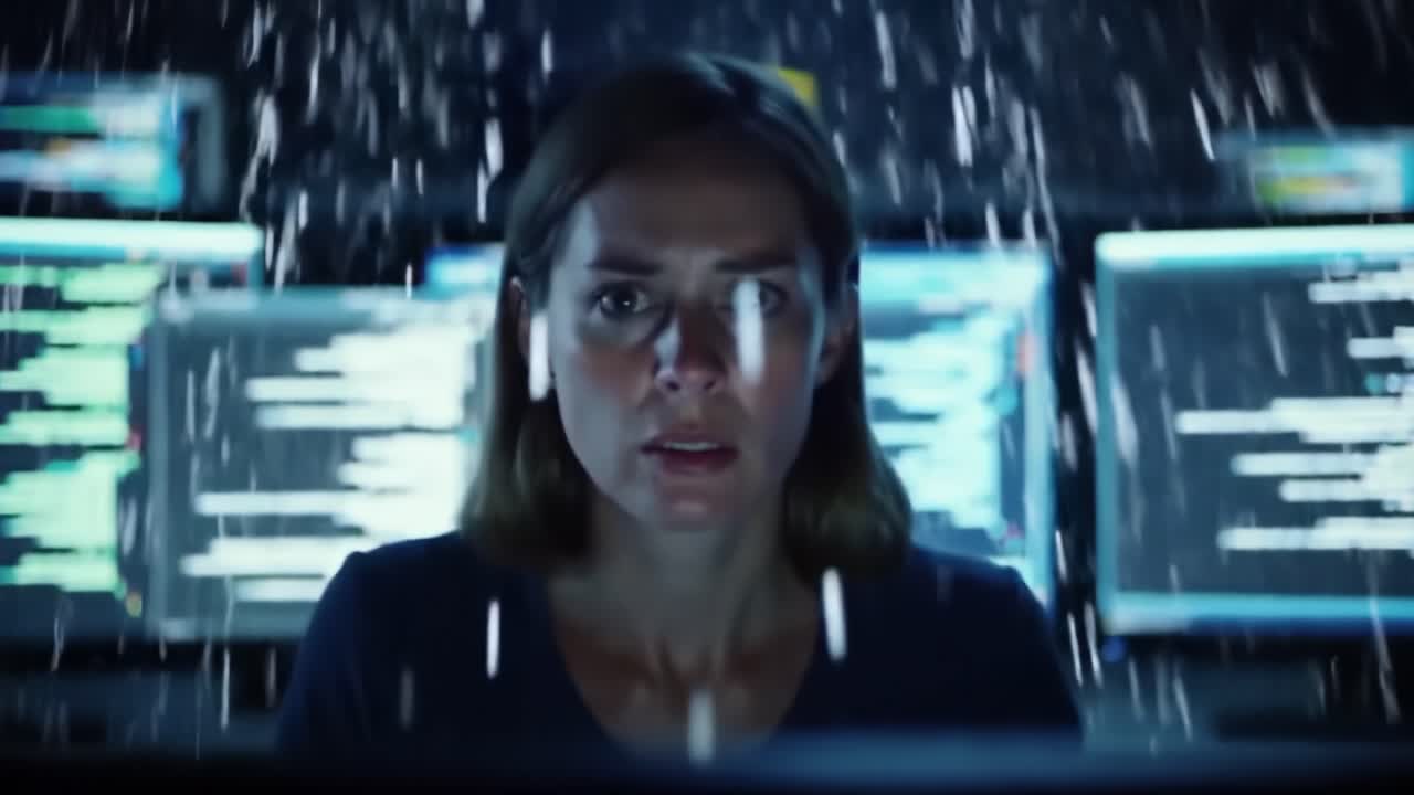 A determined woman focused on her screens, surrounded by falling digital rain, reveals the intensity of her work in a high-tech environment filled with coding and information