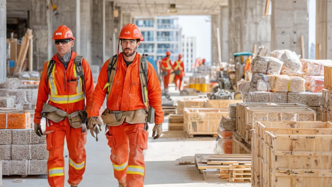 Construction Crew in Safety Gear Walking Through Active Worksite with Materials and Equipment in Background