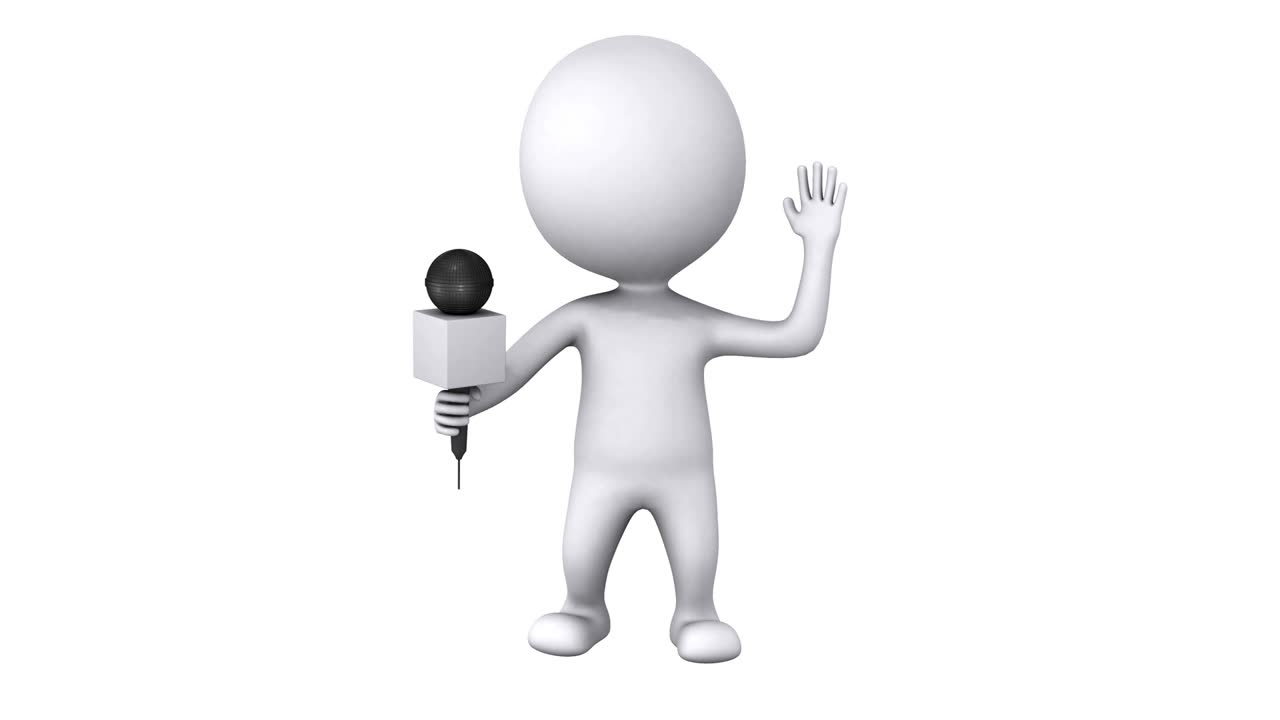 3d 백인 남자가 쇼를 진행하고 마이크로 이야기합니다.