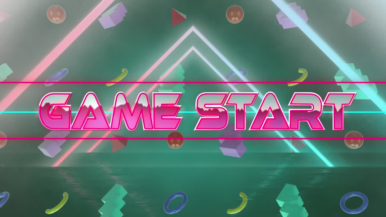 삼각형 모양의 게임 시작 텍스트 배너의 애니메이션 원활한 패턴과 다채로운 모양