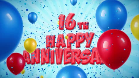 16th happy anniversary graphic with balloons and confetti