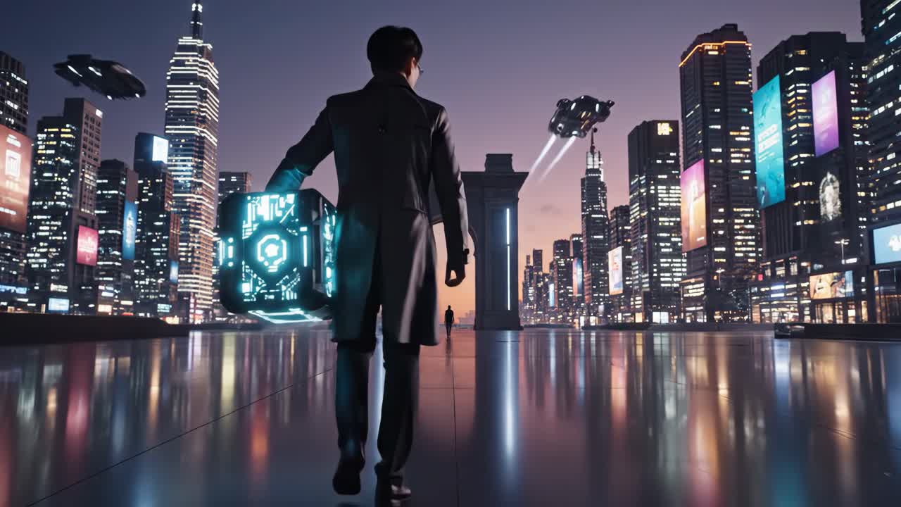 Futuristic Cityscape with Glowing Cube