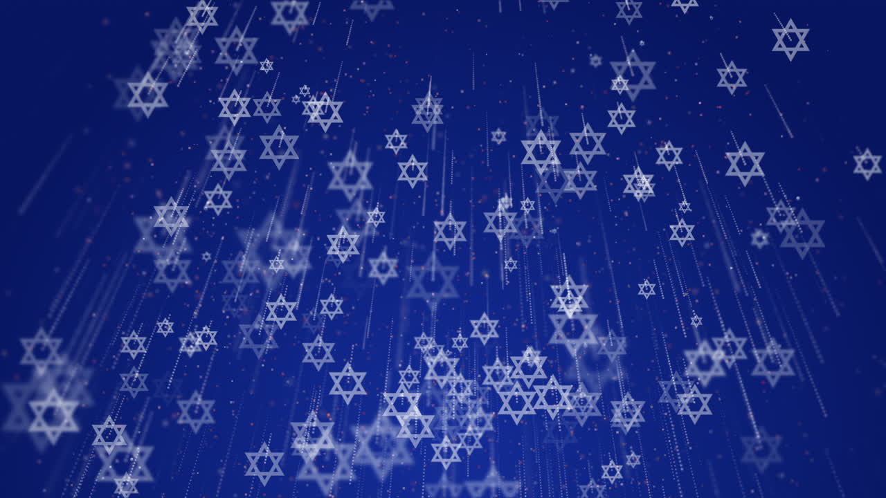 White Stars of David rotate and fly down on a blue background. Animation with state symbols of Israel. Jewish traditional signs.
