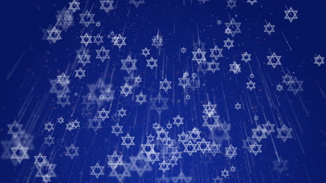 white stars of david rotate and fly down on a blue background. animation with state symbols of israel. jewish traditional signs.