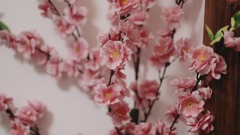 close-up of pink cherry blossom flowers arranged decoratively on branches