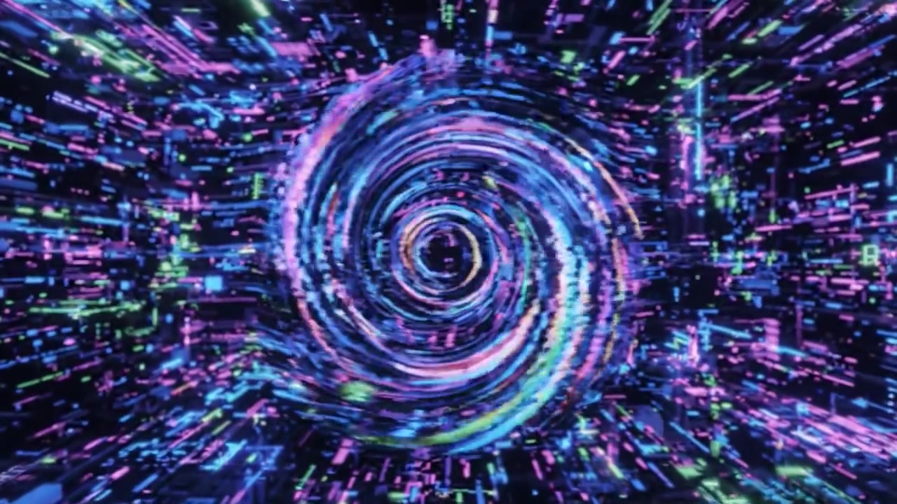 Opera d'arte digitale astratta e dinamica che rappresenta un flusso di dati che si trasforma in un vortice di colori neon, mettendo in risalto la fusione tra tecnologia ed estetica futuristica