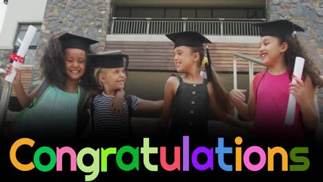 Animation-of-congratulations-text-over-happy-diverse-schoolgirls-with-mortar-boards-and-diplomas