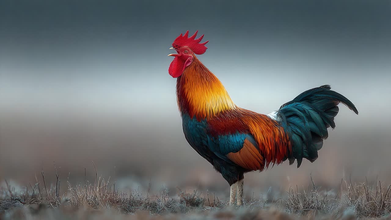 Un gallo maestoso si erge fiero in mezzo a un paesaggio nebbioso, mettendo in mostra colori vivaci e una postura regale nella luce del primo mattino.
