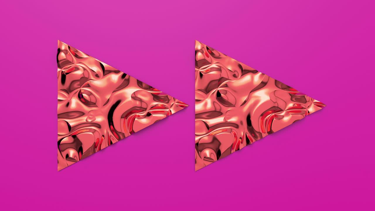 삼각형 모양의 빠른 전진 버튼의 3d 루프 애니메이션, 파동이있는 파란색 표면, 트렌디한 활기찬 텍스처, 패션 섬유, 그래픽 디자인, 애니메이션 금속 텍스처.