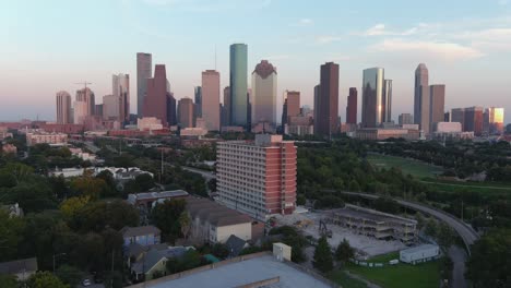 aerial shot of downtown houston and surrounding landscape