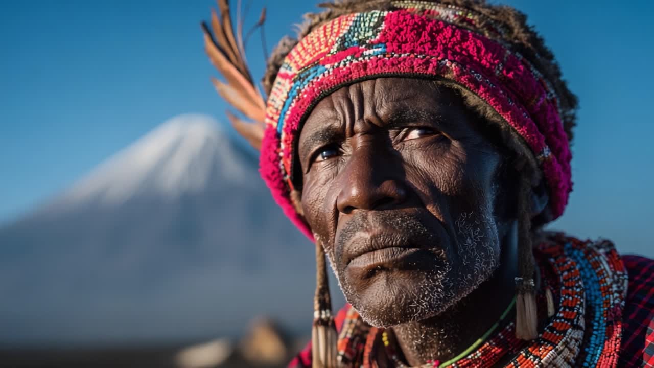 Ein Porträt der Widerstandsfähigkeit: Ein älterer Mann in traditioneller Kleidung vor einem majestätischen Bergpanorama, das die Essenz von Erbe und Kultur einfängt.