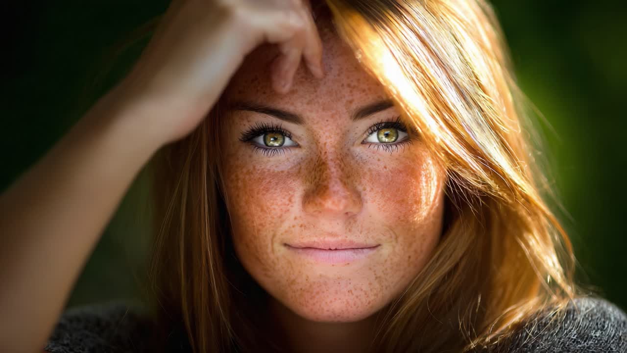 A Captivating Portrait of a Young Woman with Freckles and Striking Green Eyes, Emphasizing Her Natural Beauty and Expressive Features Against a Softly Blurred Background