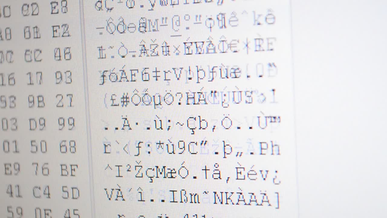 Shooting of the binary. Table of the binary. Hexadecimal program code on screen. Animated background of moving binary code numbers