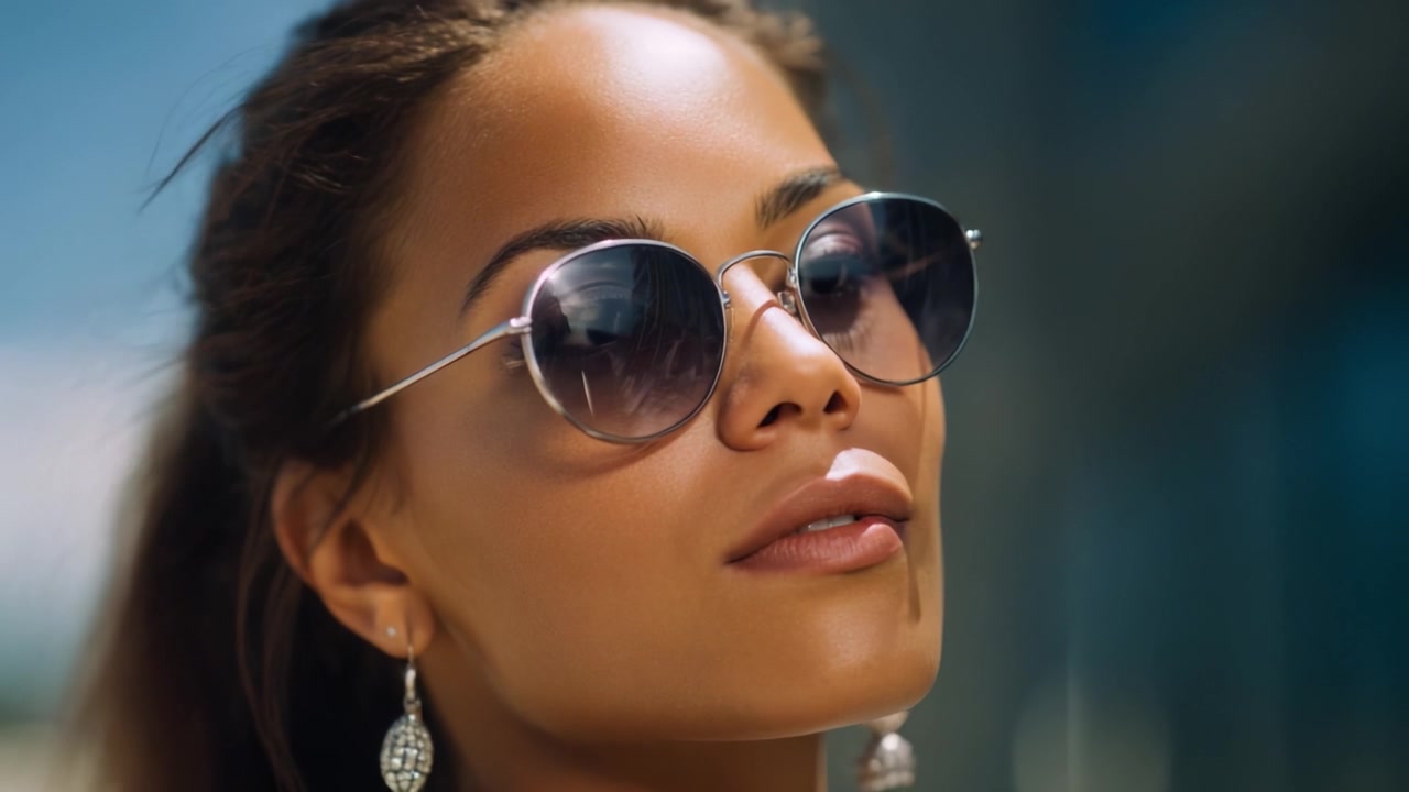 Close-up Portrait of a Stylish Woman with Sunglasses and Elegant Earrings Radiating Confidence and Fashion, Set Against a Blurred Background of Urban Glamour