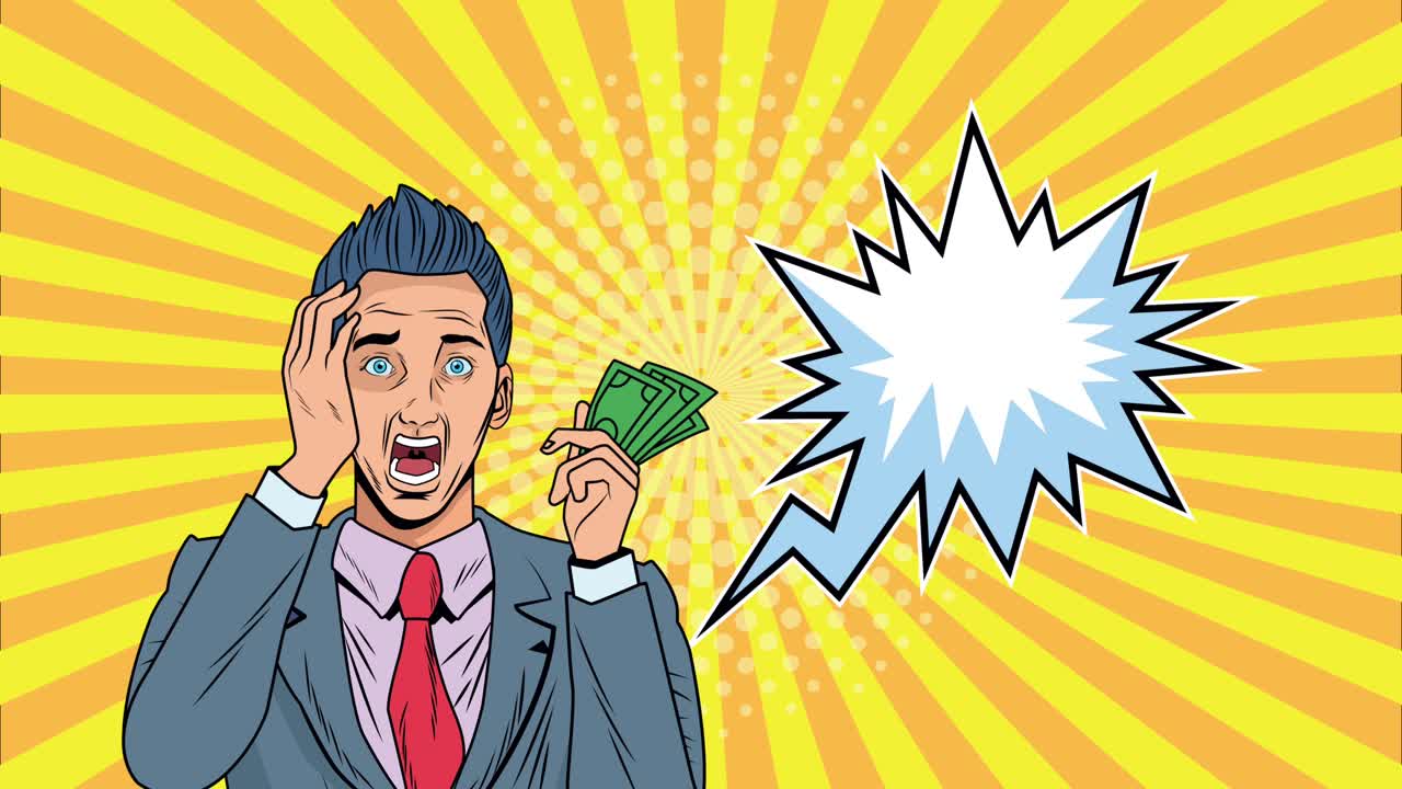 uomo d'affari con banconote dollari e discorso bolla pop art animazione